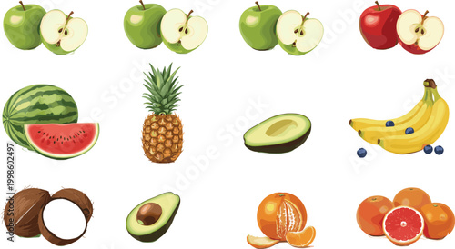 Cartoon fruits including apples, watermelon, pineapple, avocado, bananas, blueberries, coconuts, oranges, and grapefruits in vector illustration
