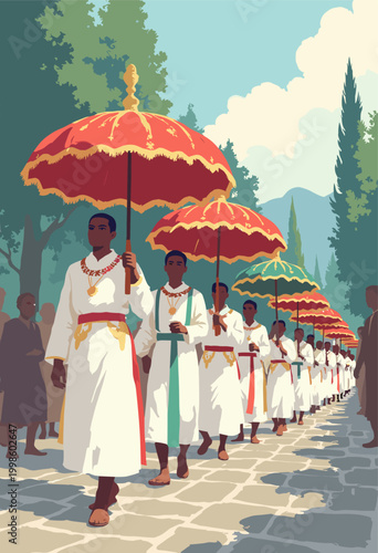 Ethiopian Timkat Festival procession colorful ceremonial umbrellas