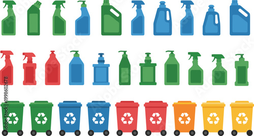Cartoon plastic bottles and recycling bins in colorful categories showing waste sorting and environmental awareness vector illustration