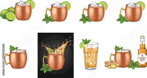 Cartoon Moscow Mule cocktails in copper mugs with lime, mint, ginger beer, and splash effects in vector illustration