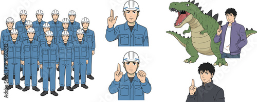 Cartoon safety workers in helmets with hand gestures and green dinosaur character in playful creative vector illustration