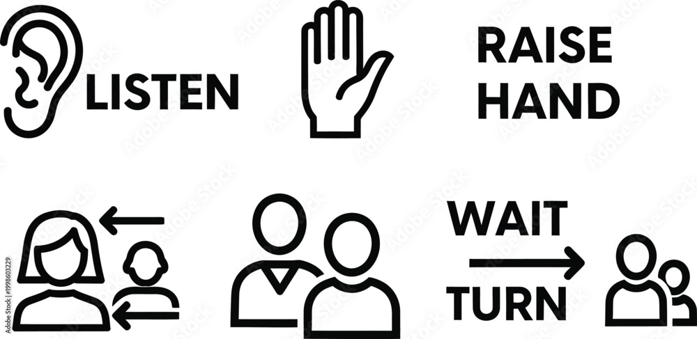Fototapeta premium Social Skills Icons: Listen, Raise Hand, Wait Turn, People Interaction
