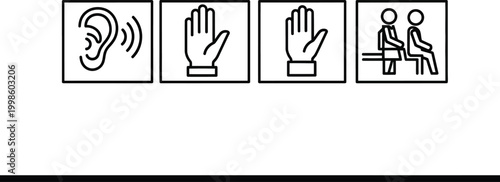 Icons: Hearing, Stop Hand, Stop Hand, Social Distancing, Queue