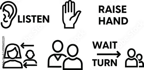 Social Skills Icons: Listen, Raise Hand, Wait Turn, People Interaction