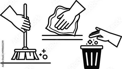 Household cleaning icons: sweeping, wiping, and trash disposal