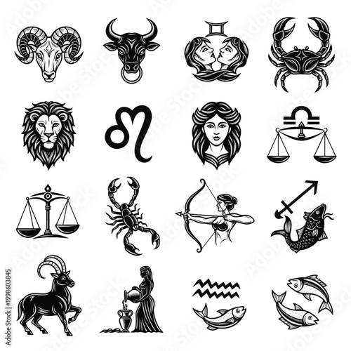 Astrology Zodiac Signs Symbols Animals and Figures Vector Icons