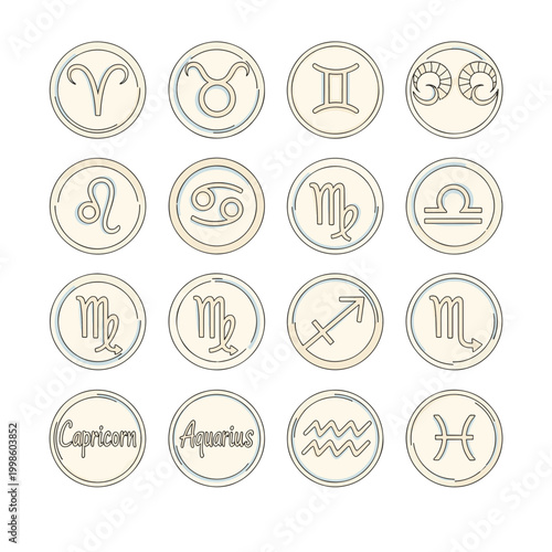 Astrology Zodiac Signs Icons in Circles for Horoscopes and Divination