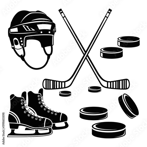 Photography Hockey Equipment Set Ice Skates Helmet Sticks and Puck Silhouettes