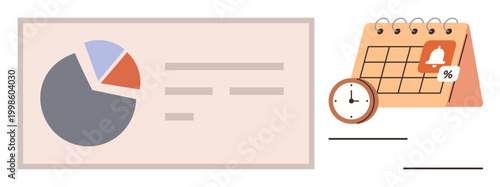 Data analysis, time management, productivity tracking, reminders, scheduling, goal setting. Pie chart with segments and labeled sections next to a calendar, clock and notification icon. Data