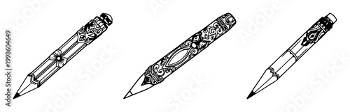 Ornate brass pencil set with intricate black line illustration on white background featuring pencils, engravings, metal design with illustration and vector