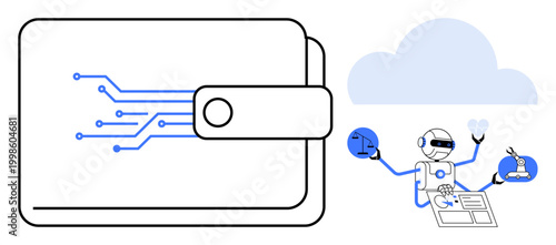 Blockchain, fintech, artificial intelligence, cloud technology, automation, data security. Digital wallet with circuitry. Robot managing tasks in cloud environment. Blockchain and fintech concepts