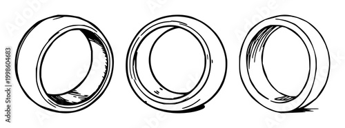 Ceramic ring set with black line art on white background featuring elegant ring silhouette, minimalist design, decorative motif with ceramic texture and line art