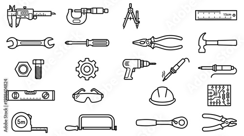 A comprehensive collection of essential hand tools and mechanical equipment for construction, DIY projects, and repair work, presented as outlined icons and vector illustrations