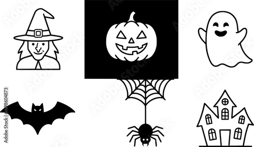 Collection of halloween icons featuring witches pumpkins ghosts bats spiders and haunted houses