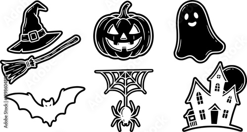 Collection of halloween icons featuring witches pumpkins ghosts bats spiders and haunted houses