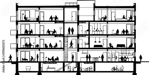 Architectural cross section drawing of a modern multi story residential building with detailed interior and exterior