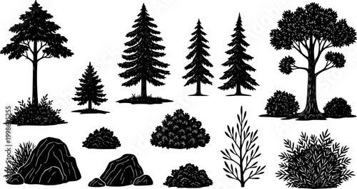 Collection of diverse black silhouette trees against a white background representing a forest or woodland scene
