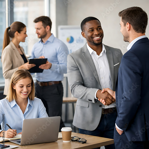 Diverse business team handshake in modern office with natural lighting