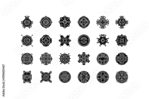 Collection of intricate celtic knotwork designs on oval and rectangular backgrounds