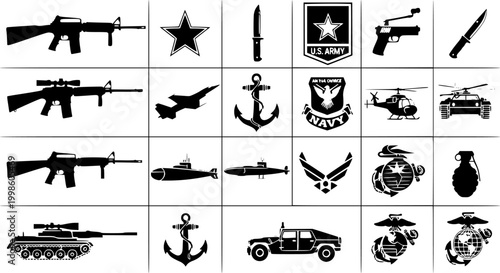 Military Icon Silhouette Collection in Grid Layout Featuring Weapons, Vehicles, and Emblems