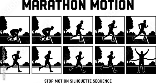 Running man silhouette set of 10 vector icons, male runner sprinting animation sequence, athletic person jogging in various poses for sports design