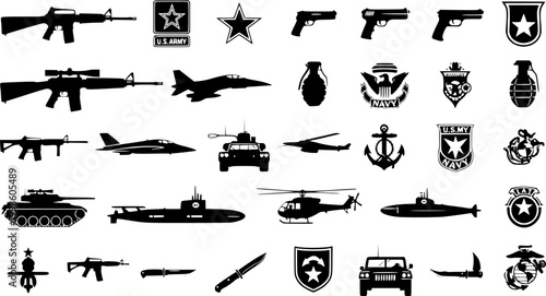 Military Icon Silhouette Collection in Grid Layout Featuring Weapons, Vehicles, and Emblems