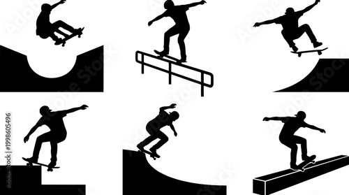Set of black silhouette vector illustrations of skateboarders performing various tricks and maneuvers on obstacles and ramps.