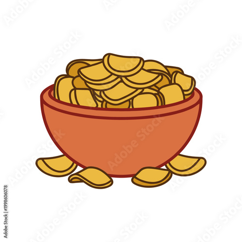 A rustic ceramic bowl is generously filled with an abundance of crispy yellow potato chips.