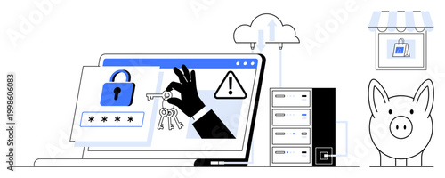 Cybersecurity, data protection, online safety, digital theft, financial security, ecommerce. Laptop with lock icons, keys server piggy bank cloud. Cybersecurity and data protection concept