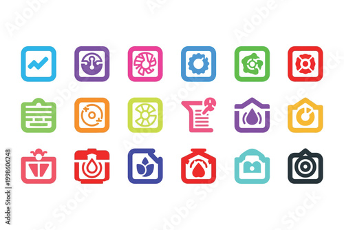 Colorful collection of mystical and elemental icons representing power magic and ancient symbols