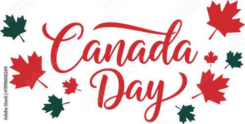 Canada day celebration festive red and white typography with maple leaves