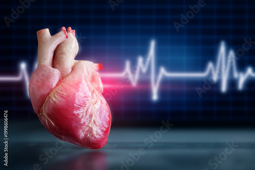 Human heart with ECG waveform on digital medical background, cardiology and healthcare concept, cardiac monitoring, heart disease diagnosis, anatomy, emergency care and cardiovascu