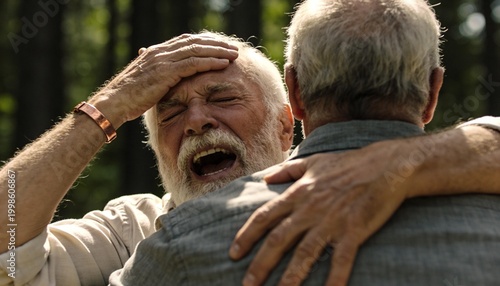 Emotional reunion between elderly friends in a forest setting