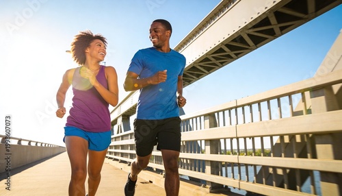 Energetic couple running on bridge in morning sunlight