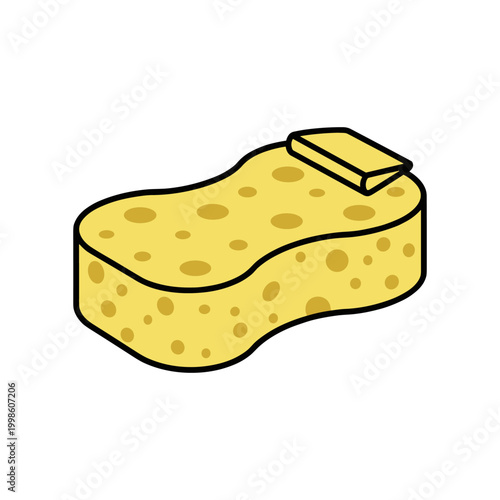 A yellow cleaning sponge with a smaller rectangular scrubbing pad on top, detailed with pores.