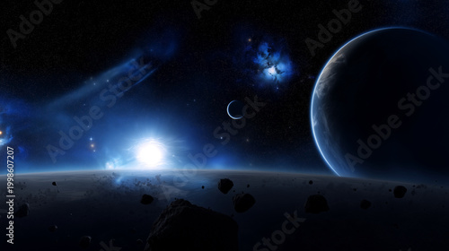 Deep space panorama with planets, moon, asteroid field and bright blue star flare, cinematic sci fi astronomy scene with cosmic dust, planetary horizon and vast universe background