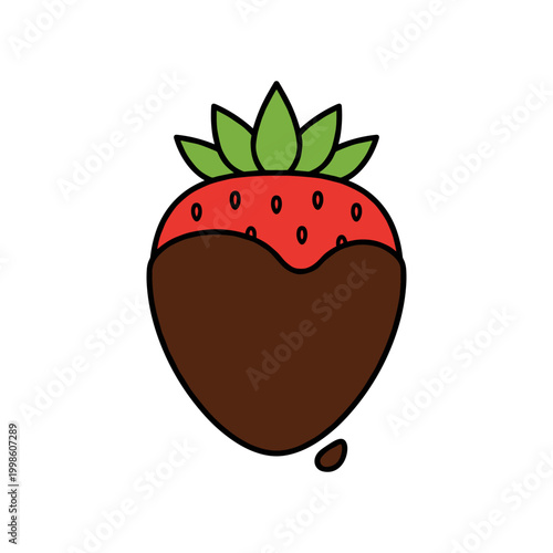 A delectable red strawberry partially dipped in rich brown chocolate with a small drip.