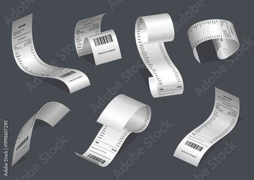 Payment check and receipts with shadow. Set of curved financial paper, purchase invoice. Buying, bill or calculate pay. Receipt the seller form
