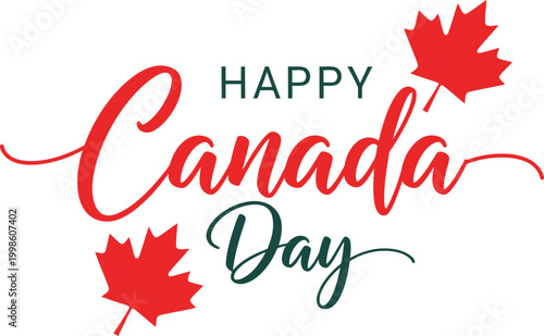 Happy canada day festive greeting with maple leaves and vibrant typography