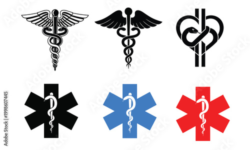 Medical symbols silhouette collection caduceus staff of asclepius and star of life