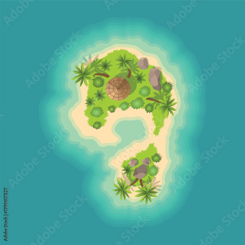 Top view island. View from a height on a tropical island in the ocean. Vector cartoon tropical paradise sea island shore. Good sunny day