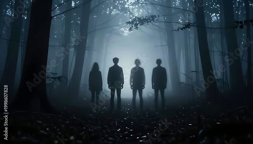 Silhouettes of friends walking in misty forest at dusk with mysterious lighting