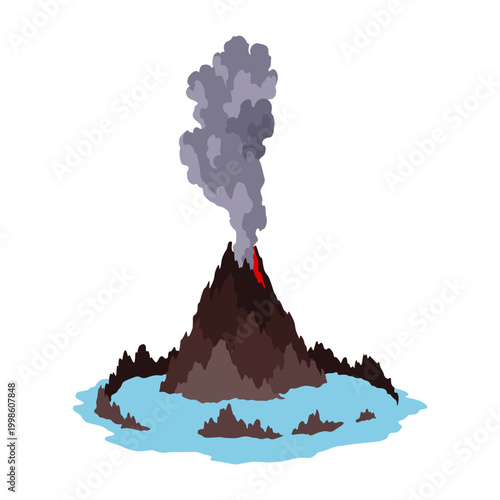 Volcano icon. Magma nature blowing up with smoke. An awakened vulcan activity fire and smoke element. Volcano eruption. Flat cartoon vector isolated illustration