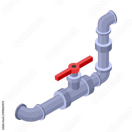 Isometric pipe. Water tube or pipeline with red valve. Oil or gas industry tube construction. Plastic plumbing system 3d. Piece of pipe