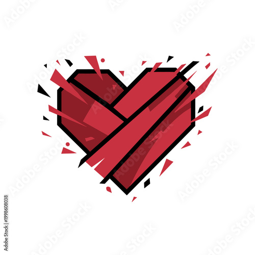 A vibrant red heart icon is depicted in a shattered or exploding geometric style.