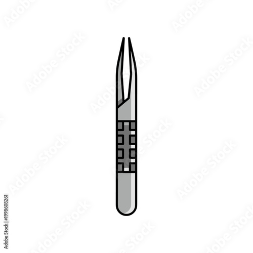 A detailed grey and black illustration of a pair of pointed tweezers for precision work.