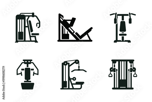 Gym machines icon set solid black icon set vector illustration