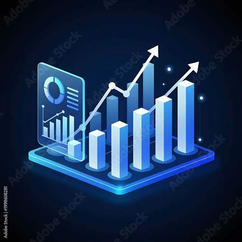 3D digital growth chart on futuristic tablet with glowing blue data visualization