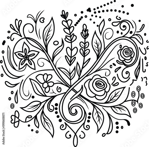Floral Line Art Illustration – Decorative Botanical Doodle with Leaves and Flowers Vector
