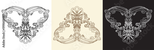 Graphic baroque design element set in three colors vector illustration